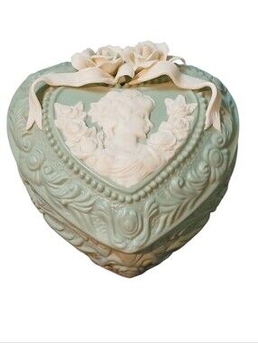 Vintage Ceramic & Faux Ivory Roses & Ladies Bust Jewelry Box Shaped Like A Heart